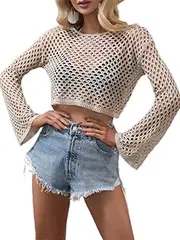 [KEOMUD] Women Mesh Crochet Crop Top Long Sleeve Hollow Out Knit Sweater Bikini Beach See Through Cover Ups