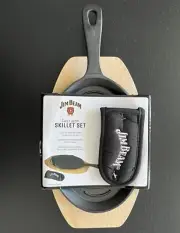 JIM BEAM Pre-Seasoned Cast Iron Skillet Set With Handle Mitt & Wood Trivet NEW