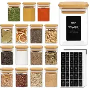 GLASS SPICE JARS with Bamboo Lid Airtight Square Containers 16 Pcs 6oz COMSAF