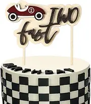 Two Fast Birthday Cake Topper, Wooden Race Car Cake Topper Race Car Theme Cake Topper for Birthday Party Decorations Birthday Flag Sign Supplies