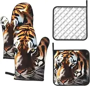 4 pcs Oven Mitts and Pot Holders Set 500°F Heat Resistant Oven Gloves and Hot Pads Kitchen Mittens Wild Animal Tiger Cooking Gloves Potholders for Baking Grilling