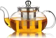 Glass Teapot with Stainless Steel Infuser & Lid, Borosilicate Glass Tea Pot