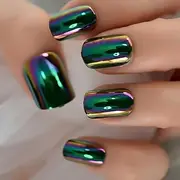 24pcs Metallic Green Laser Holographic Round Press On Nails Medium Faux Ongles Artificial Nail Art