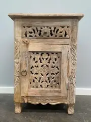 Antique French Provincial Hand Carved Timber Bedside Table Side Cabinet Floral