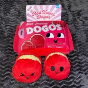 New Bark Box " Red Velvet Dogos " 3 Pc Dog Toy 2 Cookies & Junk Food Wrapper M/L