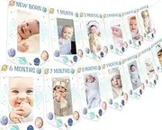 Fangleland Outer Space Theme 1st Birthday Photo Banner, First Trip Around The Sun Birthday Decoration - Blue Baby Picture Banner for Newborn to 12 Months’ Boy
