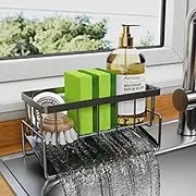 Afeamo Kitchen Sink Caddy Organizer - Sponge Holder With Brush Holder, Dish Soap Caddy With Stainless Steel Draining Tray for Counter