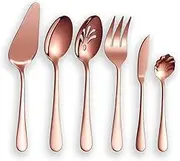 Berglander Stainless Steel Rose Gold Titanium Plated Flatware Serving Set 6 Pieces, 5 Serving Pieces of 45 Pieces Flatware With 1 Cake Server, Copper Serving Silverware Set (Shiny Rose Gold)