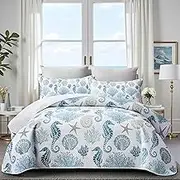 Coastal Bedding King Size Coastal Quilt with 2 Shams, Nautical Bedding Beach Comforter Sets Ocean Bedspreads Blue Seahorse Coverlet Summer Bedding, 96''x106''