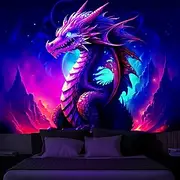 Blacklight Tapestry UV Reactive Glow in the Dark Glow Party Neon Trippy Misty Dragon Animal Hanging Tapestry Wall Art Mural for Living Room Bedroom