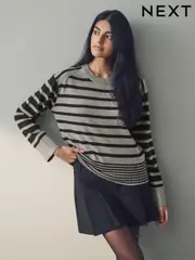 Black Grey Stripe Soft Touch Pattern Knitted Cosy Crew Neck Jumper (E55433) | $23