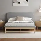 Oikiture Wooden Bed Frame Padded Fabric Edges Pine Timber Headboard Base Grey