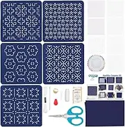 ORIGACH 5 Set Sashiko Coaster Kit, Japanese Traditional Sewing Kit, Handmade Coaster Kit with Thread, Needle, and Five Different Designs on Navy Blue Fabric