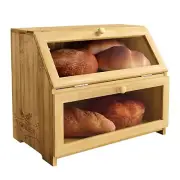 2 Tier Bread Box Countertop Bin Bamboo Space Saving Rustic Flat-top Store Cake