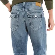True Religion Men's Geno Slim Straight Distressed Jeans w/ Flaps in Medium Wash