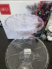 Mikasa Crystal stand Holiday Scalloped Trees Stars footed cake plate 10.75”