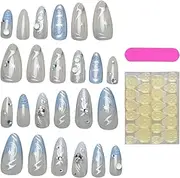 Press on Nails Light Blue | 24-Piece 3D Bow-Designed Press on Nails - Artificial Homemade Fingertip with French Tip, Women Hand Beauty for Women Girls