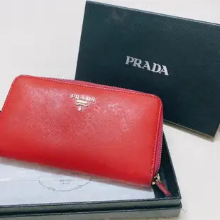 二手 正品 PRADA Saffiano Floral 防刮牛皮拉鍊長夾(紅色)