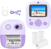 Instant Print Camera Digital Camera 1080P Digital Video Camera Dual Lens 2.4 Inch IPS Screen 8X Built-in Battery P Frames with 3 Rolls Thermal Printing Paper Neck Strap Birthday Purple
