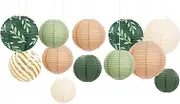 Party Decorations Paper Lanterns Set, 12Pcs Green Brown Hanging Paper Lantern for Wedding Party, Birthday, Bridal Showers, Rustic Wedding Decorations