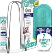 GuruNanda Stainless Steel Tongue Scraper, U-Shaped Ergonomic Design, Fights Bad Breath, Great for Oral Hygiene, Medical Grade 100% Stainless Steel, Tongue Cleaner with Case for Adults & Kids-Pack of 2