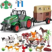 fisca Remote Control Tractor Toy Set with 33PCS Farm Animals Figurines, Livestock Caravan & Fence – 2.4GHz 1/24 Scale Farm Play Set RC Toys Tractor with Light for Kids Age 4, 5, 6, 7 and Up Years Old