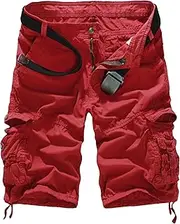 [PHJTOMK] Mens Buckle Zipper Twill Cargo Shorts Loose Fit Outdoor Camouflage Short Casual Multi Pockets Shorts, Red 1, 32