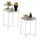End Table Set of 2, Outdoor Side Table, Small Patio Round Folding Metal Side