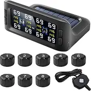 Tire Pressure Monitoring System Solar TPMS Full Data Display with 8 Sensors & Repeater for RV Trailer, 3.3inch Large Screen, 199Psi/13.7Bar, Brightness Adjustable 7 Alert Modes Real Time Alarm System