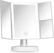 Fancii LED Lighted Vanity Makeup Mirror, Trifold Mirror with 5X and 10x Magnifications - 34 Dimmable Natural Lights, Touch Screen, Best Adjustable Countertop Mirror with Cosmetic Stand (Tria)
