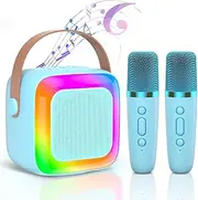 Karaoke Machine for Kids Adults, Mini Karaoke Machine with 2 Wireless Microphones, Portable Bluetooth Speaker with Voice Changing Effects & LED Lights, Best Gifts Toys for Girls Boys (Blue)