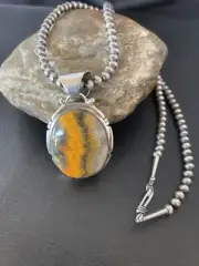 BumbleBee Jasper Pendant Navajo Pearls Sterling Silver Necklace 10550