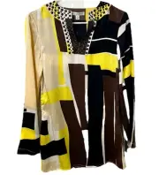 St. John 100% Silk Geometric Long Sleeve Mini Vintage Split Neck Raised Dots