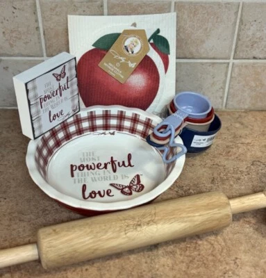 PRICE DROP! Dolly 9 pc. 9” Pie Plate/Rolling Pin/measuring cups/sign/2 cloths