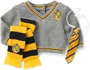 American Girl Harry Potter Hufflepuff 3-Piece Set for 18-inch Dolls with Yellow-and-Black-Trimmed Gray Sweater, Satin tie, Yellow-and-Black Knit Scarf Featuring The Hufflepuff Crest Doll Not Included