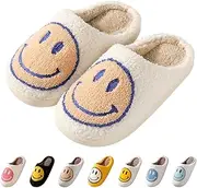 [Bevaney] Smiley Face Slippers for Women, Retro Soft Plush Preppy Happy Face Slip-on Cozy Indoor Outdoor Slippers