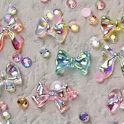 3D Deluxe Nail Art Charms & Decals Box, Beauties Factory Nail Tips Decorations Bows Butterflies Teddy Bear Shells Lollipops Pearls Hearts Crystals Rhinestones Gems Flowers (Colorful Aurora Bows in Various Styles - H)