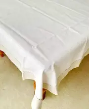 Pure Linen Tablecloth White with Natural Gray Linen Frame Border Hand Stitched