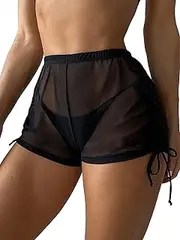 [COOLOYA] Women's Mesh Sheer Cover Up Mini Shorts High Waist Beachwear Swim Shorts with Drawstring