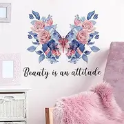 Blue Butterfly Pink Rose Wall Stickers, sacinora Gorgeous Butterfly Leaves Floral Art Wall Decals Removable Vinyl Peel and Stick for Living Room Bedroom Children's Room Nursery Home Decorations