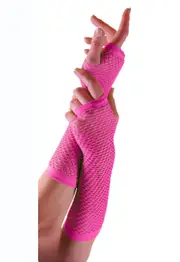 Pink Fishnet Gloves Fingerless Elbow Length 70s 80s Women's Neon Party Dance