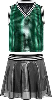 [Loodgao] Kids Girls Jazz Hip Hop Dance Costumes Cheerleading Outfits Plaid Crop Tank Tops with Sparkle Pleated Skirts