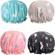 Shower Cap 4 Pack Double Layer Reusable Waterproof Elastic Bath Cap Unicorn