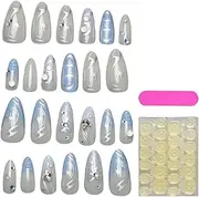 Summer Glue-On Nails, 24-Piece Cute Blue Almond Fake Nails, Artificial French Tip Fingertips, Hand Beauty 0.47 Inches for Women & Girls, Stylish and Easy to Apply