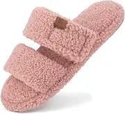 FamilyFairy Open Toe Slippers for Women Adjustable Memory Foam House Shoes Faux Fur Fuzzy Slide Sandals Non Slip Washable