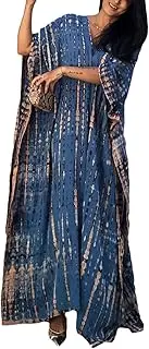 [Bsubseach] Women Blue Print Beach Kaftan Dress Half Sleeve Plus Size Bathing Suit Cover Ups Caftan Dresses