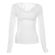 Long-Sleeve Cowl Neck Plain Tie-Up Tee White - M