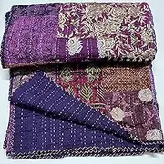 Handmade Vintage Silk Sari Jari Patchwork Khambhadiya Kantha Quilting Embroidery Kantha Quilt Reversible Bed Cover Assoted Kantha Quilt Throw Blanket Twin/Queen/King (108X108 inch)