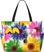 [Ghjkfbf] Colorful Flower Print Large Capacity Beach Travel Bag For Family, Beach Tote Bag For Women With Zipper Pockets, Black, One Size