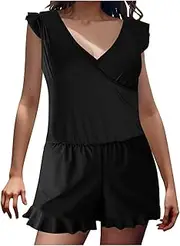 One Piece Swimsuit with Built-in Bra Bathing Suits Full Coverage Ruffle Sleeve Romper V Neck Wrap Swimsuits